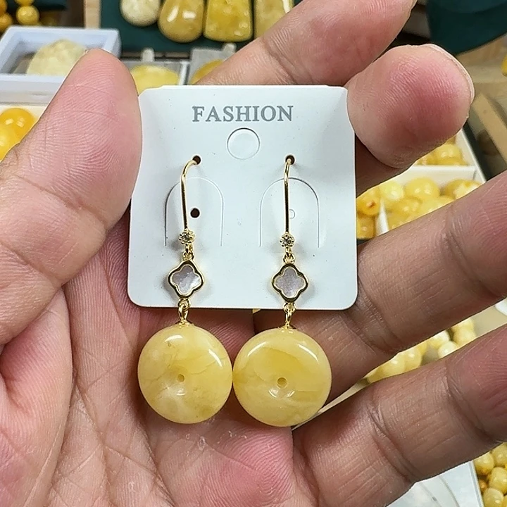 蜜蜡珠宝奇石银S925镀金镶嵌平安扣耳勾