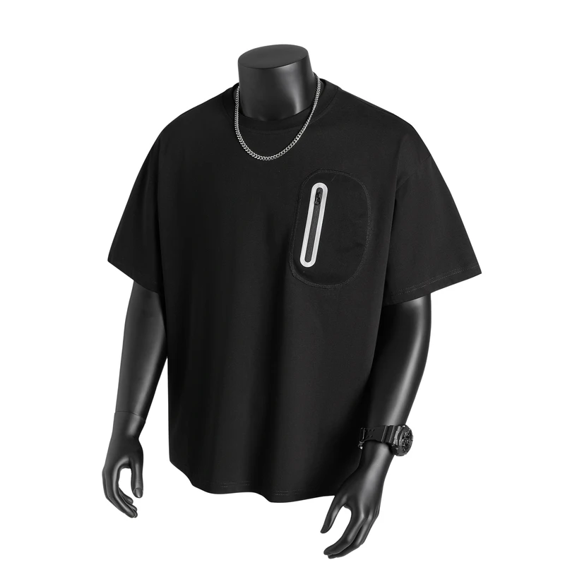 夏季纯色短袖t恤个性口袋拉链薄款简约百搭半袖宽松圆领男士体恤