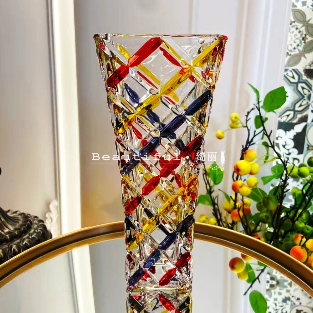 单只-轻奢人工手绘菠萝纹花瓶无铅水晶玻璃彩绘水培鲜花插花器
