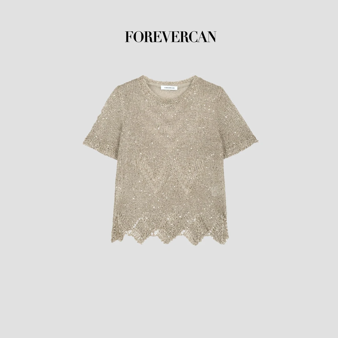 “流沙香槟”客定金丝线亮片镂空针织短袖上衣 MY4673B