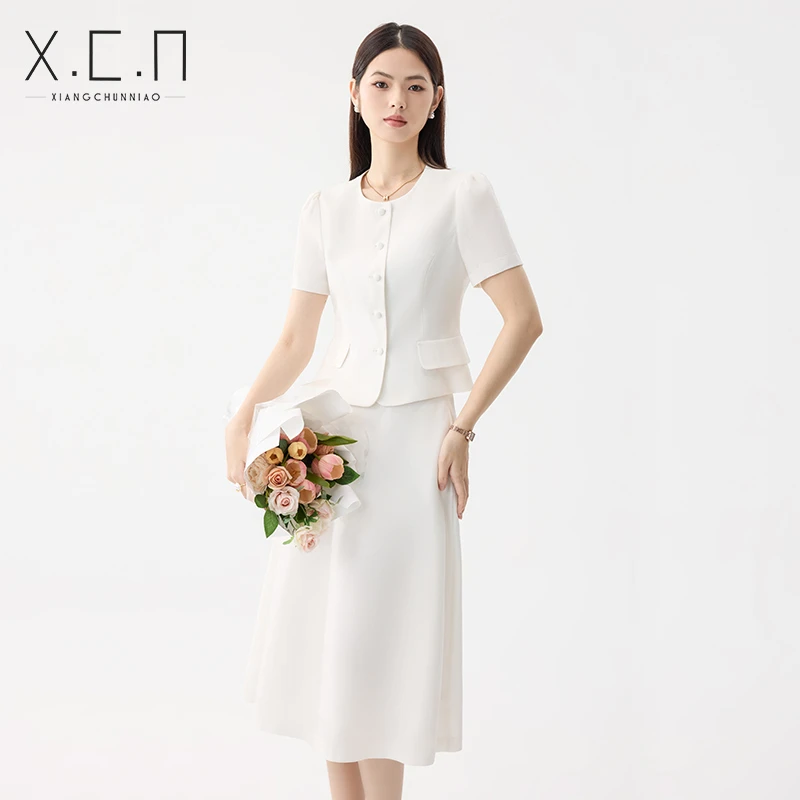 祥春鸟高级感新中式短袖职业套装裙女夏通勤主持人工作服25T2358