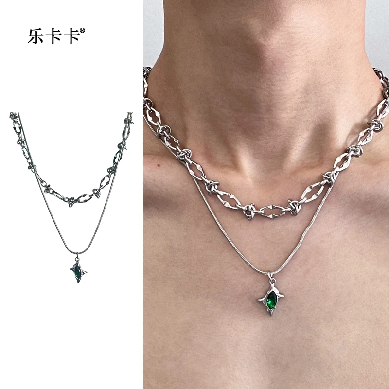 钛钢项链 设计感小众嘻哈锁骨链ins百搭双层绿色荆棘钛钢项链男潮