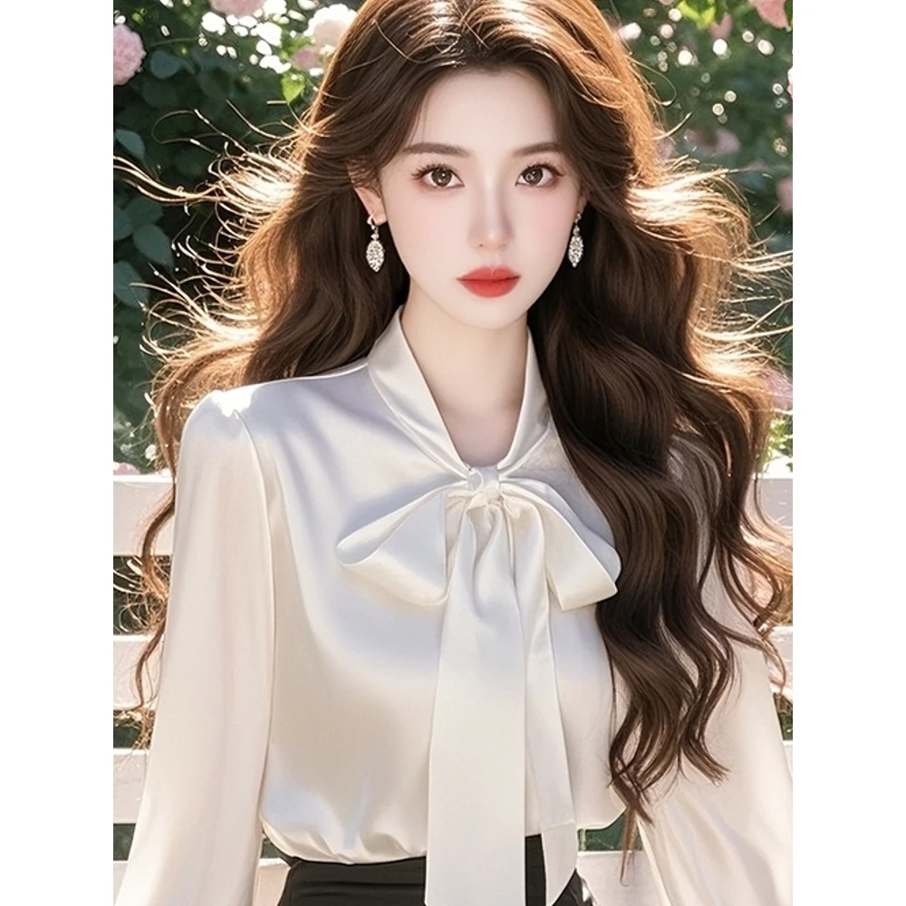 春秋法式温柔蝴蝶结飘带缎面衬衫女2025新款爆款时尚洋气长袖衬衣