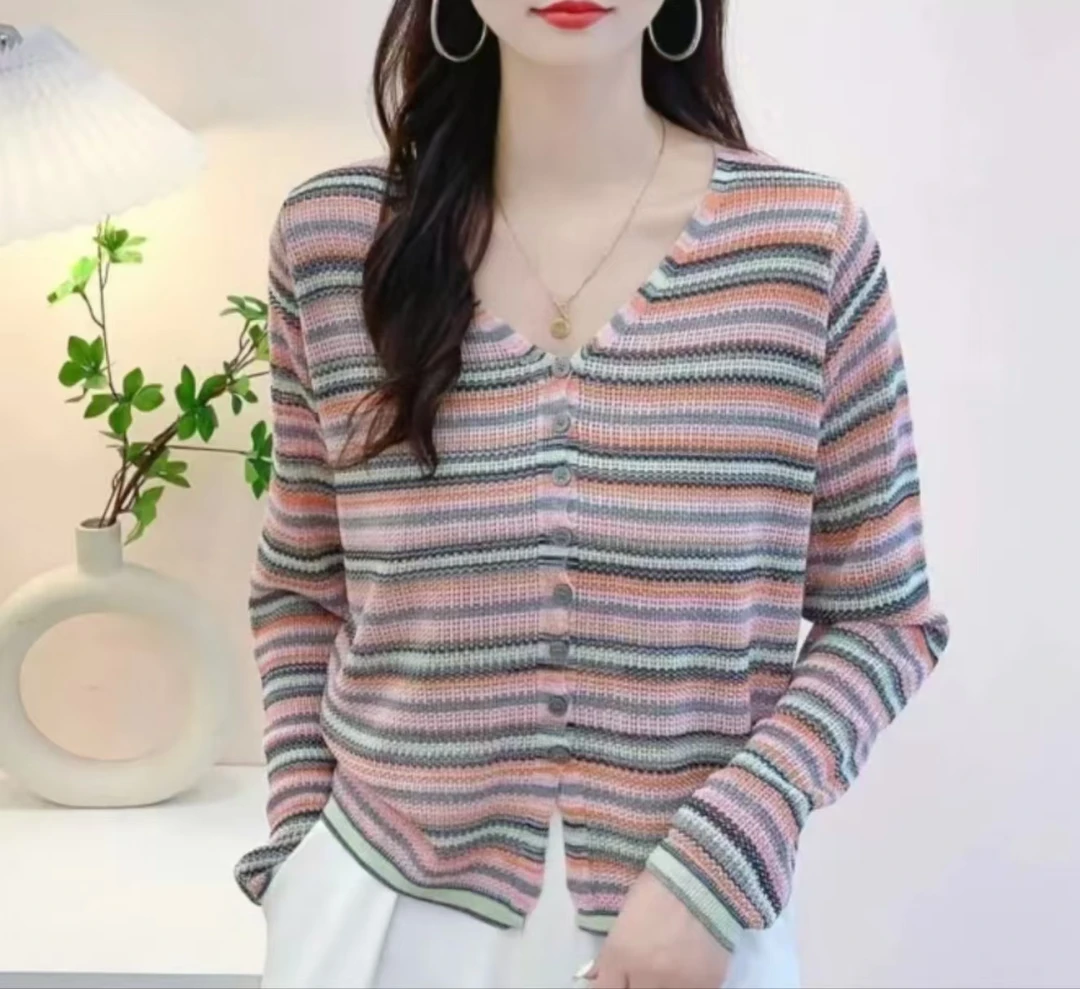【摩卡色开衫粉】法式高级感条纹V领长袖针织开衫女2024秋季新款宽