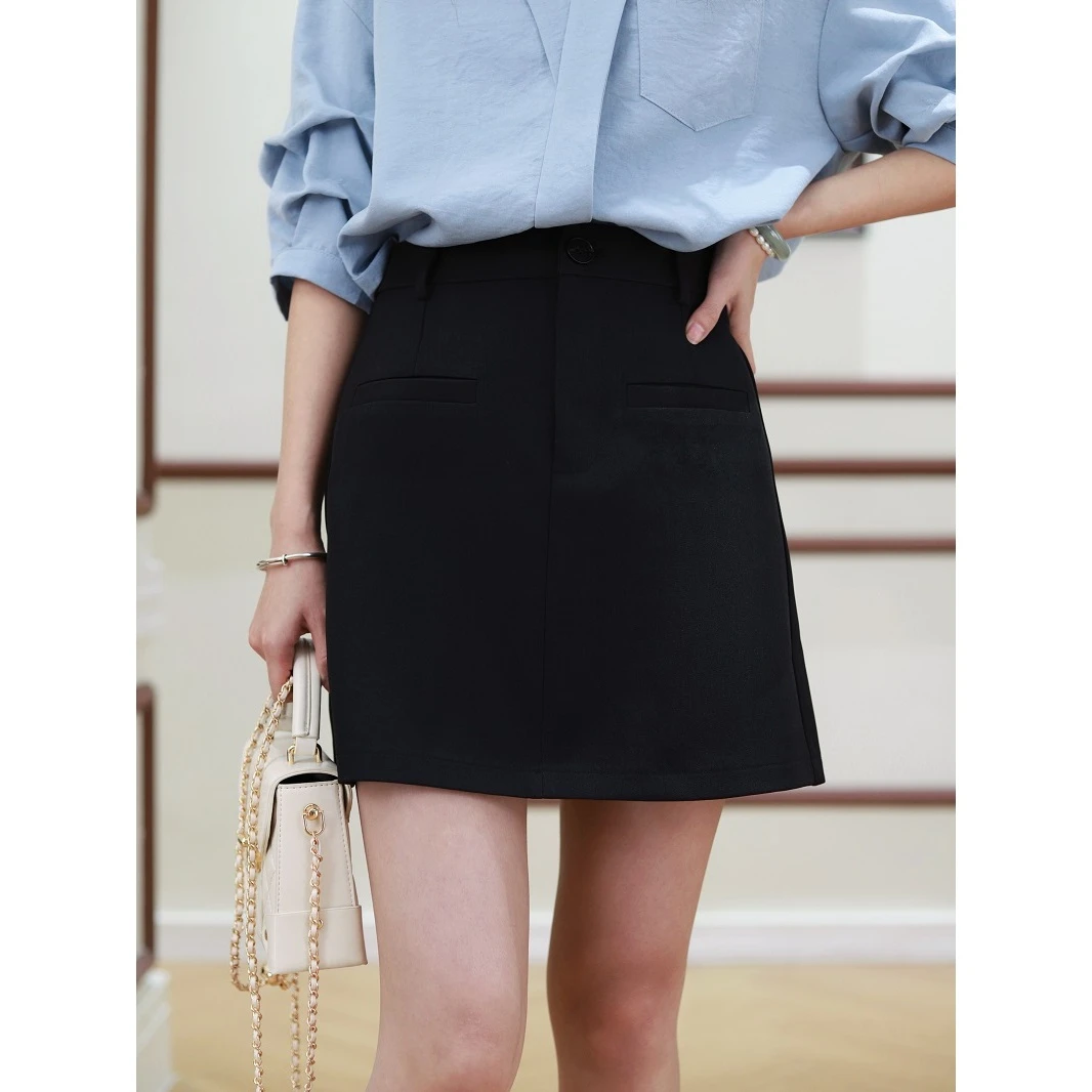 粤粤港风 25年新款显瘦气质高腰时尚休闲百搭黑色短裙#4022