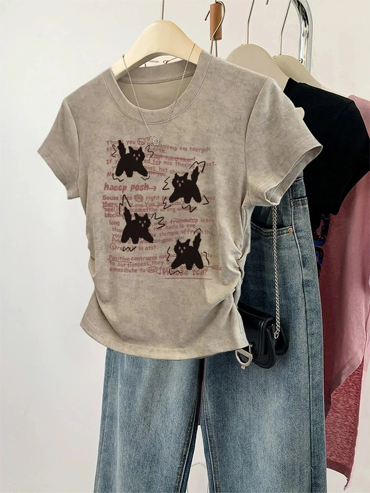 【扣号链接】2025夏季新款圆角收腰修身辣妹T