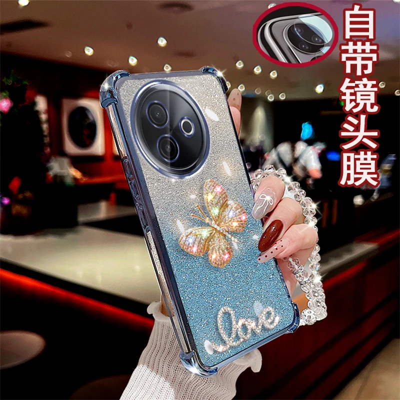 适用vivo y300i手机壳V2444A闪粉彩蝶四角气囊防摔保护套全包