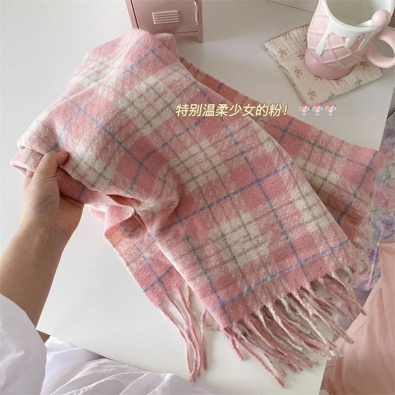 韩系少女心粉色高级围巾女秋冬保暖防寒百搭披肩软糯格子围脖潮