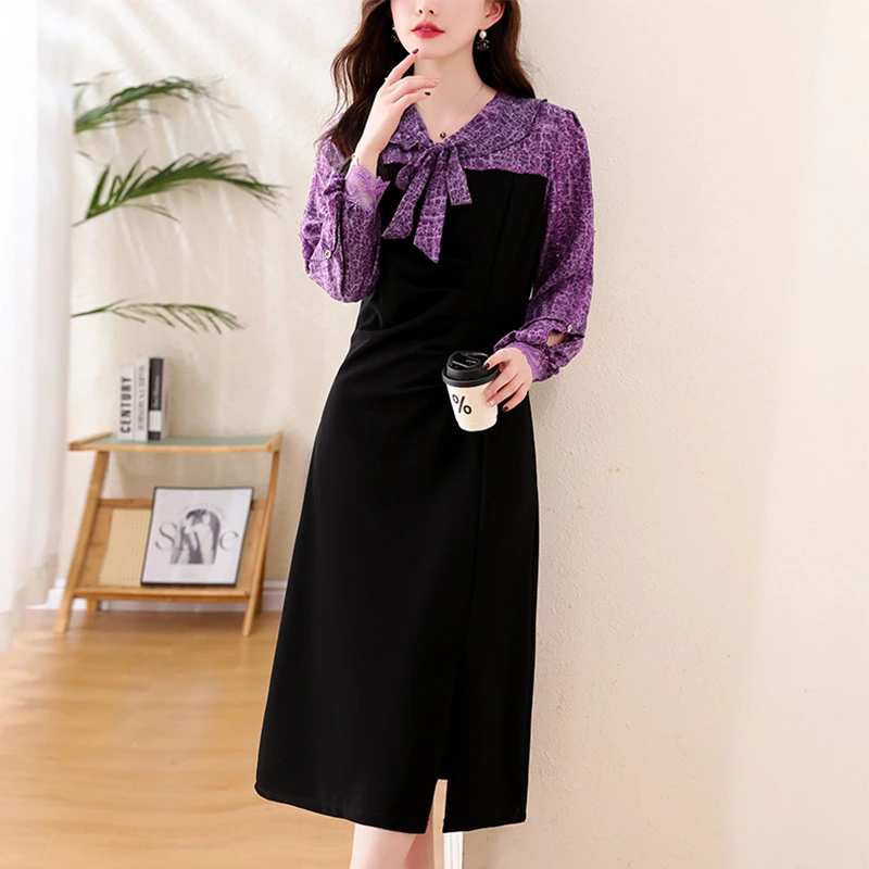 春季新款紫色拼接温柔气质蝴蝶结系带领显瘦中长款连衣裙遮肚