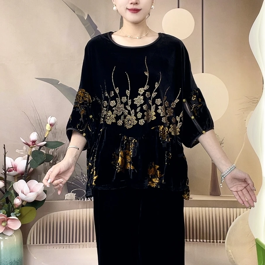 中国风七分袖圆领中老年女装t恤小衫妈妈装休闲宽松显瘦洋气