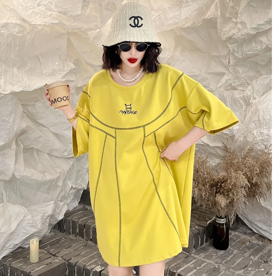 8306大码重工新款设计春夏季圆领T恤宽松显瘦短袖中长款上衣潮