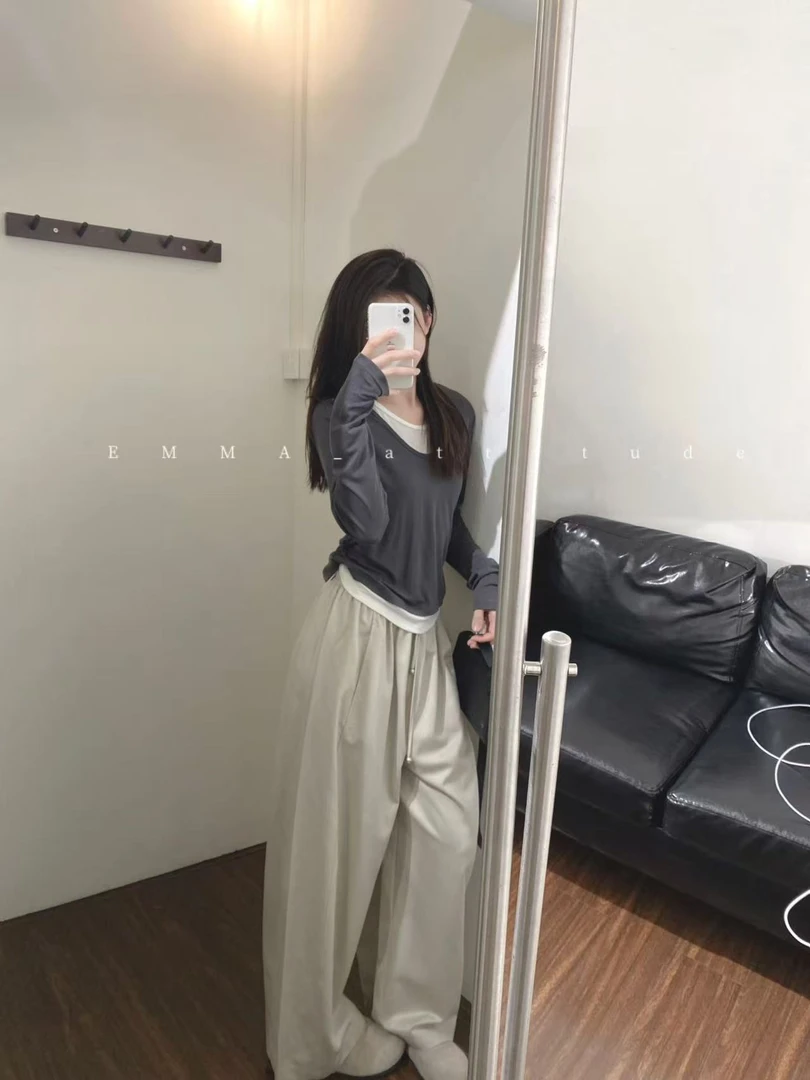 2025秋季新款韩系假两件圆领正肩长袖T恤高腰百搭休闲裤两件套装