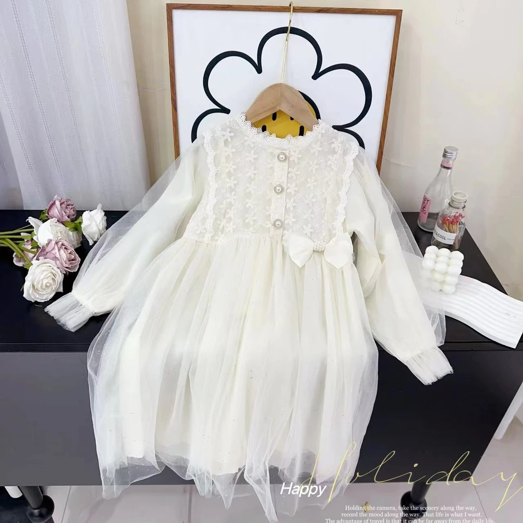 汤圆家童装2025春季新款韩系蕾丝蝴蝶结连衣裙 XA-648