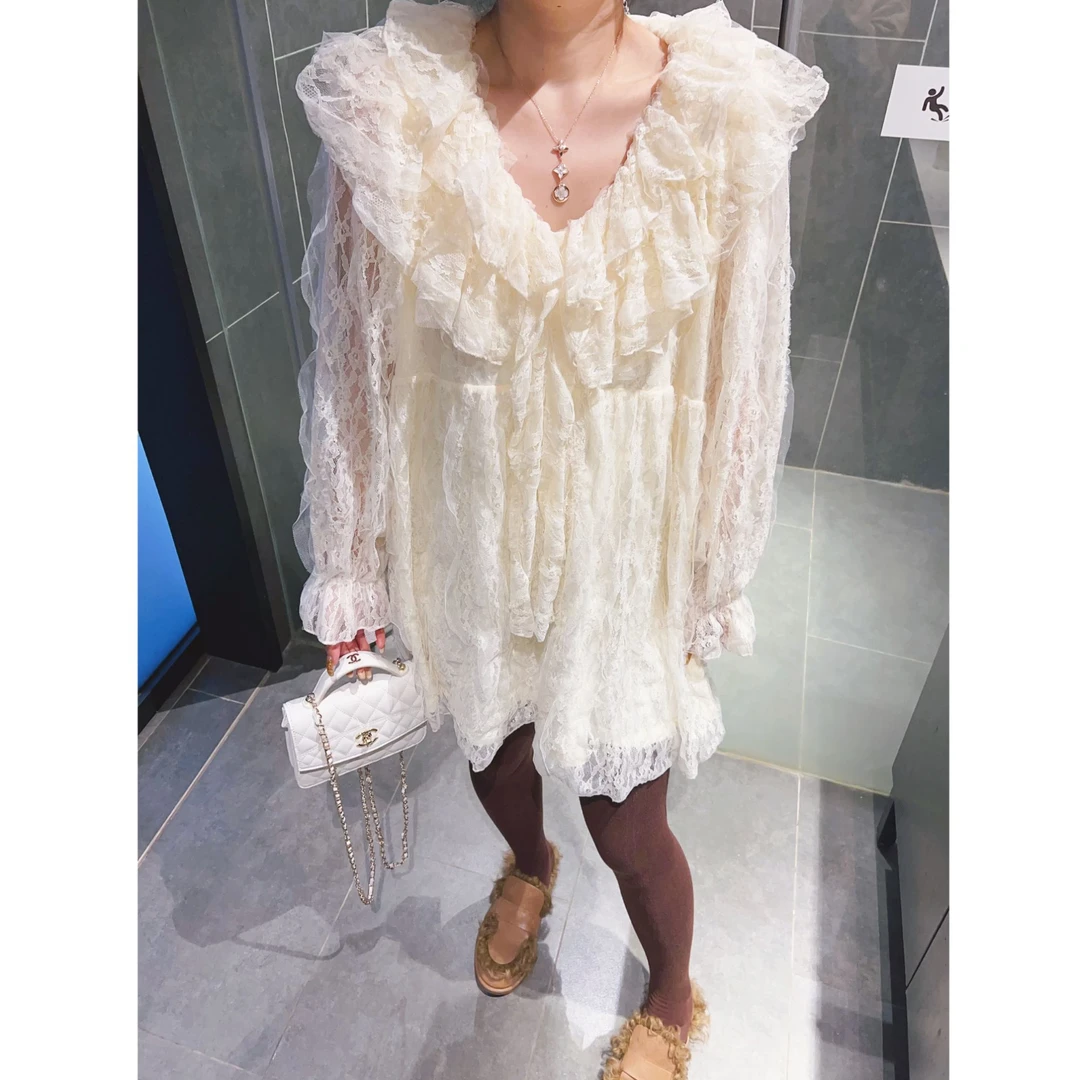 《蕾丝云朵裙》超仙加绒女中长款仙女裙拼接荷叶边宽松磨毛大版衫