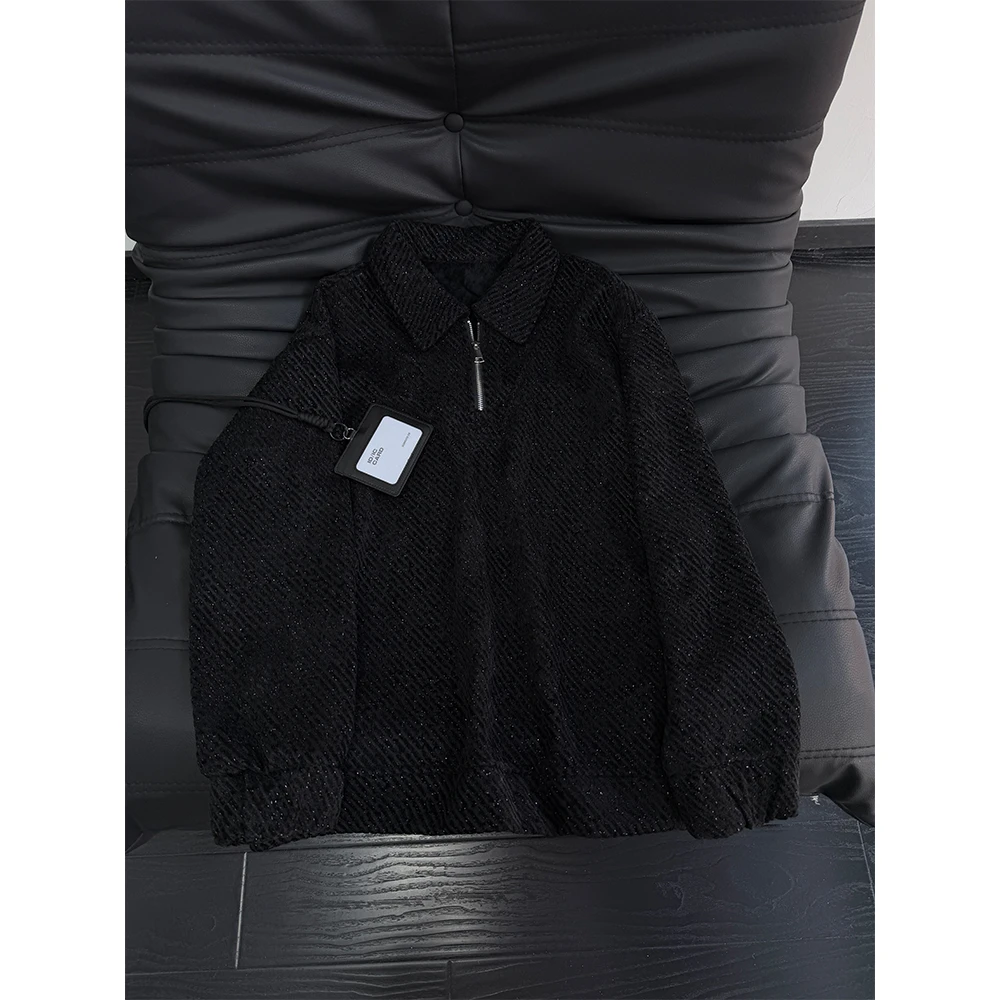 美式复古满天星半拉链卫衣男冬季加绒加厚小香风雪尼尔polo领外套