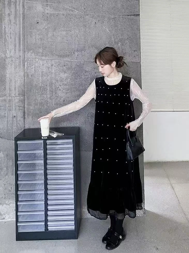 法式休闲通勤风宽松显瘦套装网纱蕾丝内搭镶珠连衣裙两件套674628