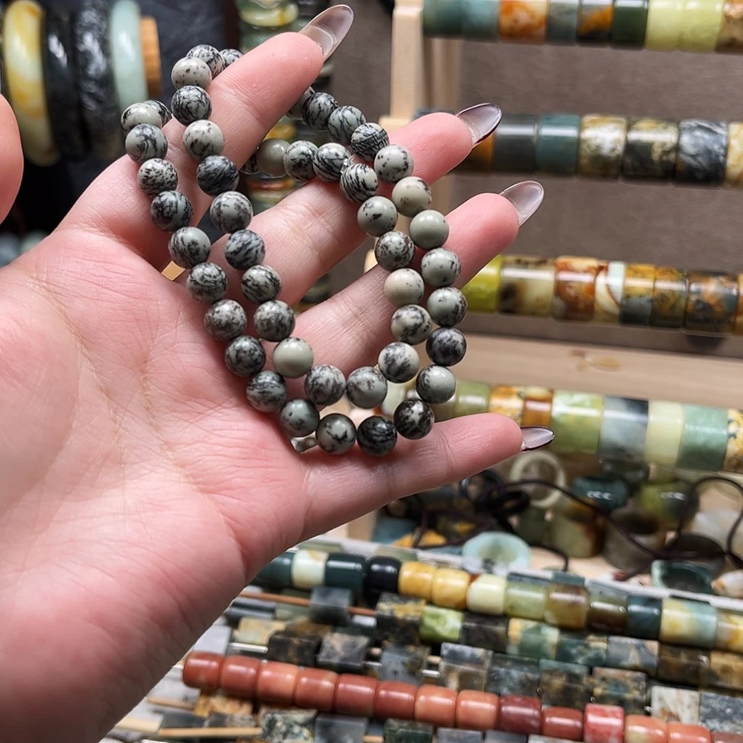 蛇纹石玉未镶嵌手链双圈卡8河磨草花