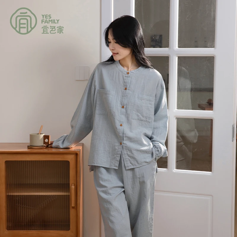 宜色家情侣睡衣春秋季女款爆款2025新款纯棉双层纱透气家居服套装
