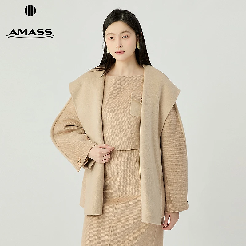阿玛施AMASS 秋冬新款简约轻奢质感山羊绒宽松连帽无扣外套540037
