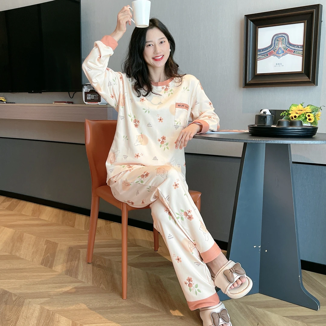 【双口袋】秋冬保暖透气长袖长裤睡衣家居服带胸垫套装棉质家居服女