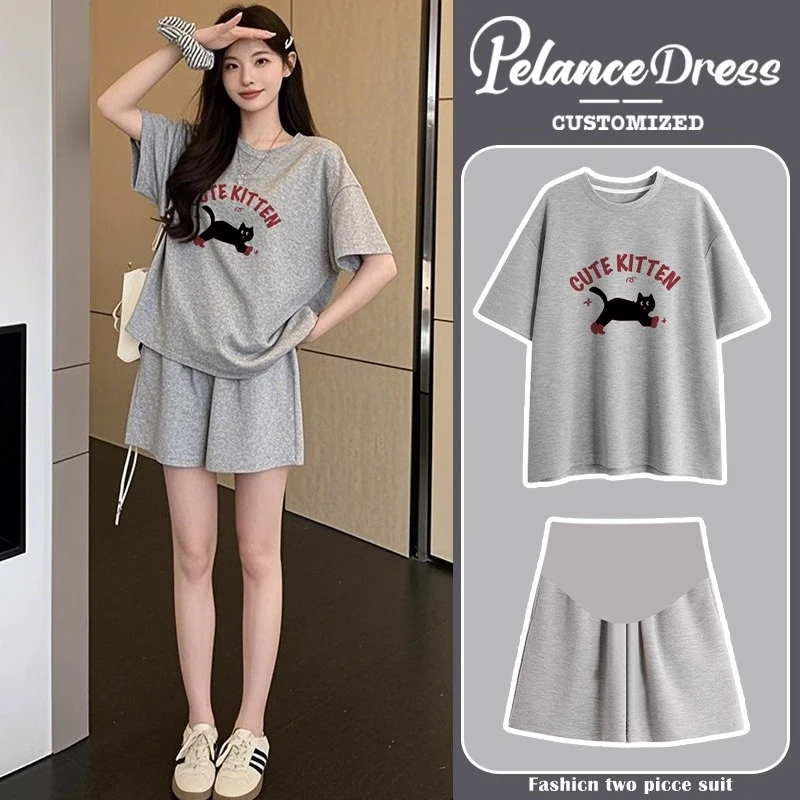 孕妇装夏套装2025新款洋气时髦灰色上衣t恤孕妈妈穿搭小个子大码