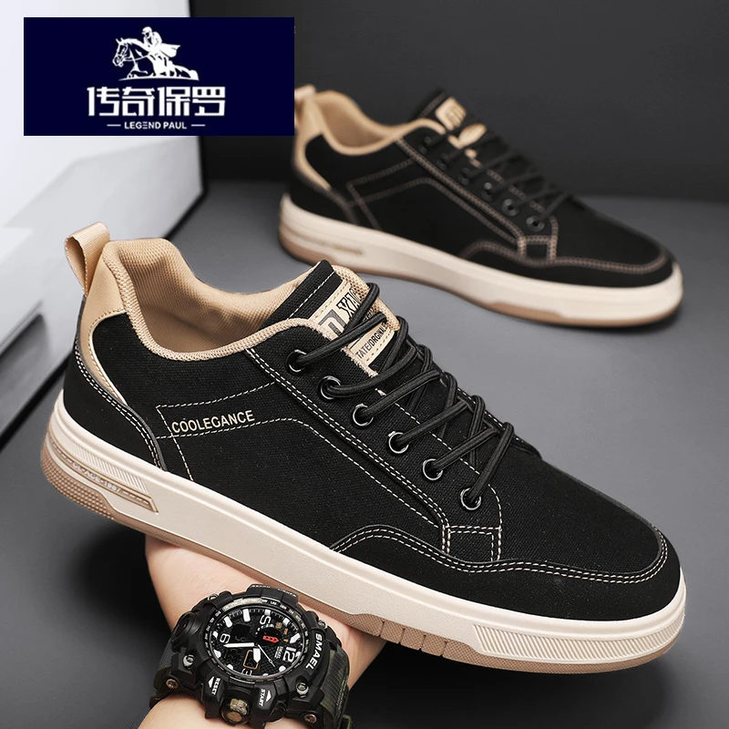 传奇保罗正版男鞋冬季低帮黑色休闲帆布鞋男士潮流百搭运动板鞋