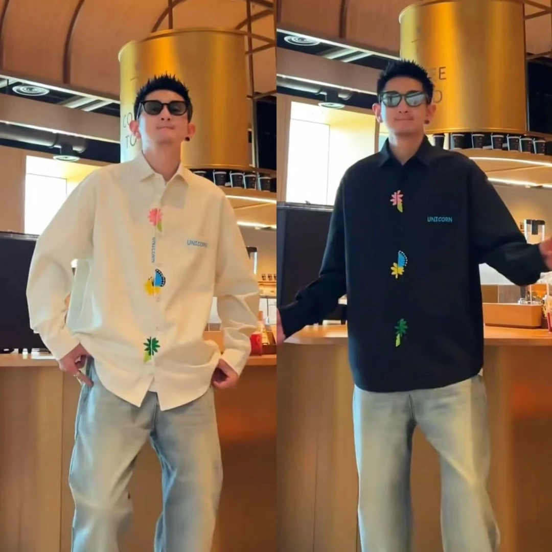 小众设计感撞色重工刺绣肌理纹情侣同款休闲时尚潮流长袖衬衫