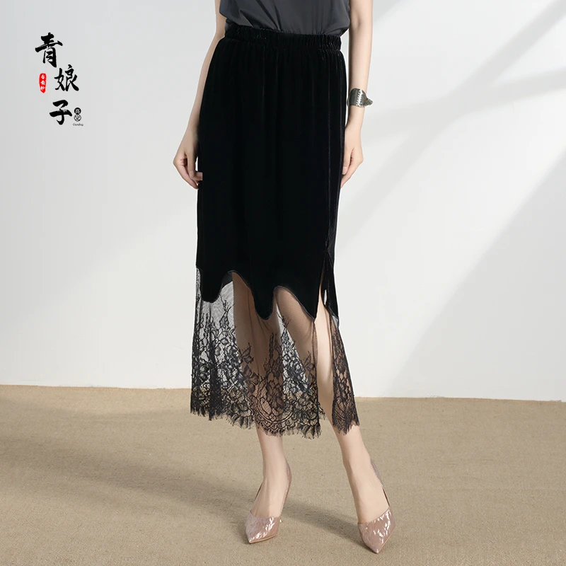 青娘子-（永夜）丝绒夏季百搭年轻款纯色拼接开衩半身包臀裙60986