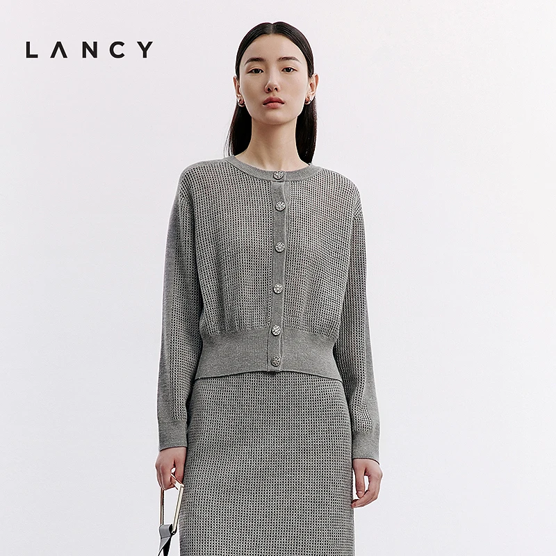 LANCY/朗姿2024秋季新款灰色镂空圆领针织开衫长袖简约外套女