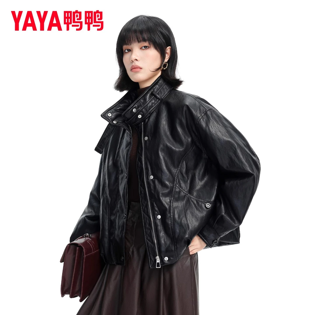 鸭鸭短款羽绒服女2025年冬季新款时尚复古帅气机车皮立领保暖外套