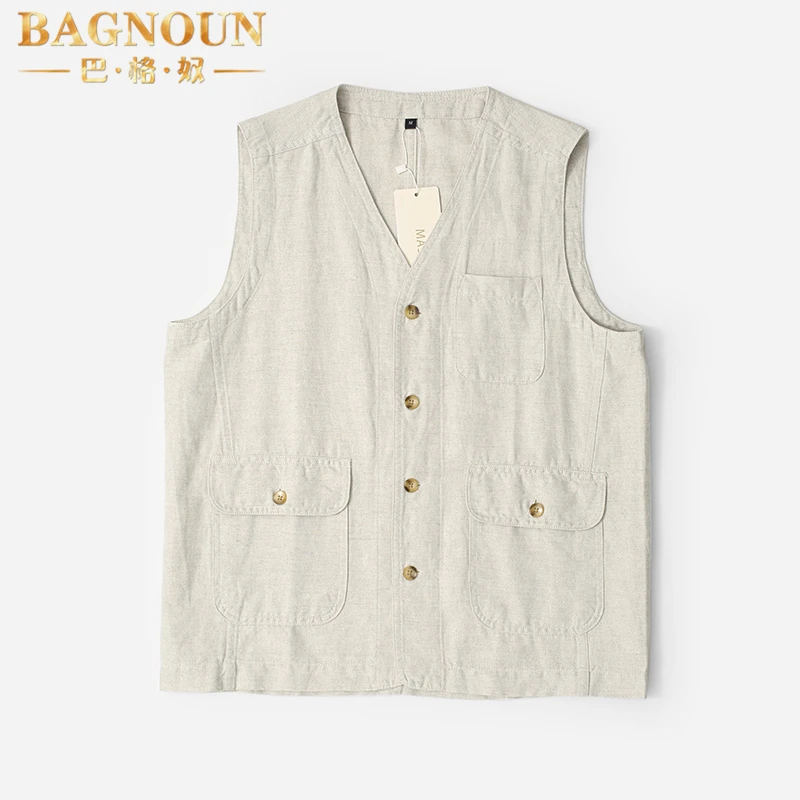 巴格奴亚麻马甲男士夏季新款时尚高端薄款中国风宽松棉麻背心外套