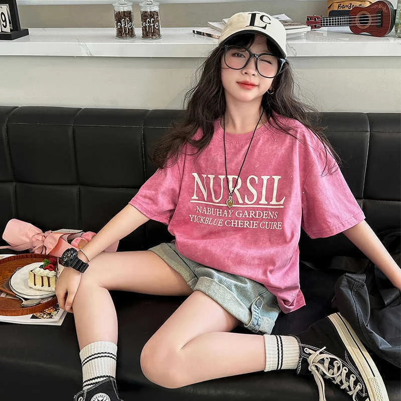 女童短袖t恤棉质夏装洋气女孩中大童半袖圆领印花上衣夏季ins潮流