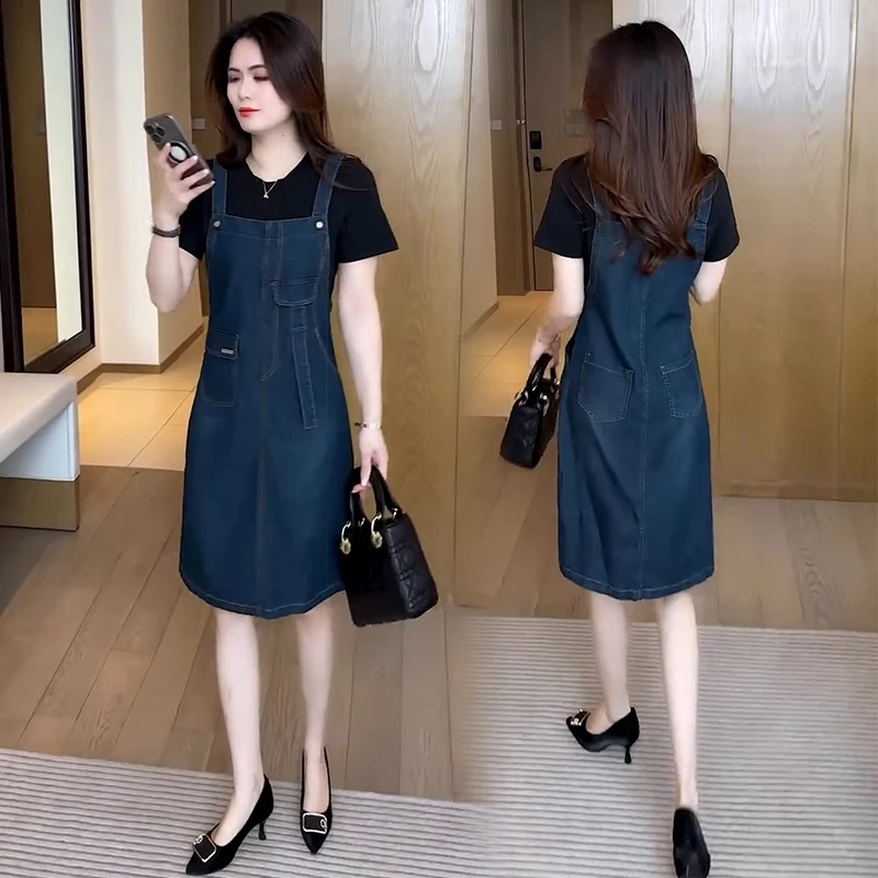 时尚牛仔连衣裙女2025夏季新款洋气减龄假两件拼接背带裙中长裙子