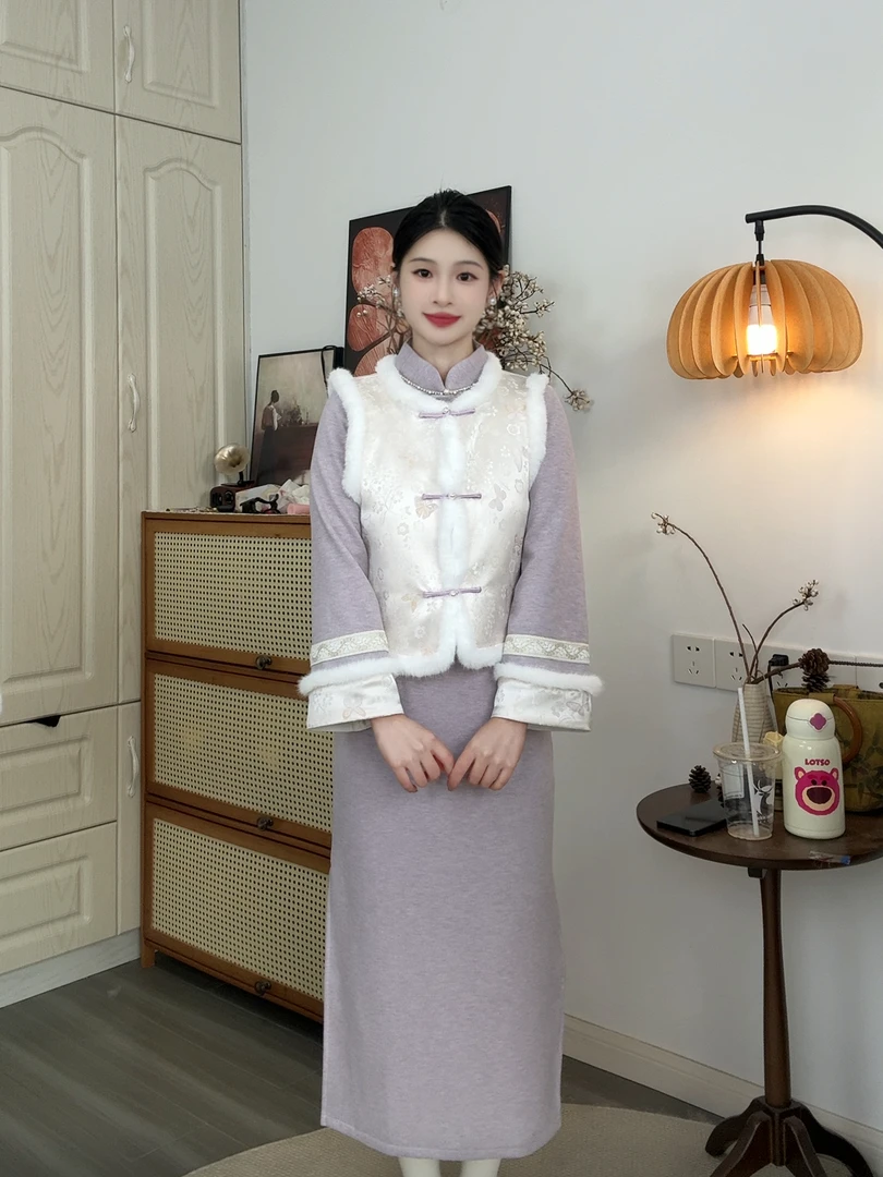 【紫霞】新中式马甲连衣裙两件套加绒加厚年轻少女改良旗袍冬季