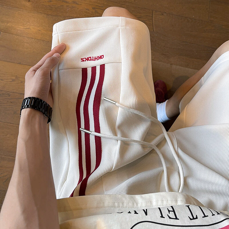 夏季新款大码格子织带短裤直筒百搭宽松潮流条纹休闲裤