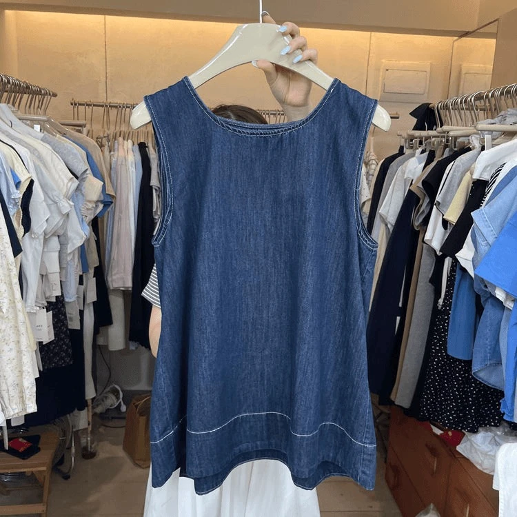 孕妇装夏新款气质显瘦圆领无袖后背镂空牛仔背心中长款A字摆上衣