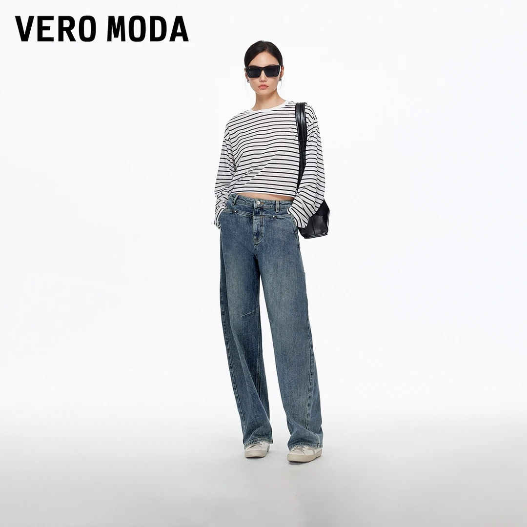 Vero Moda牛仔裤女2025秋冬新款含棉做旧洗水高腰弯刀裤老钱风