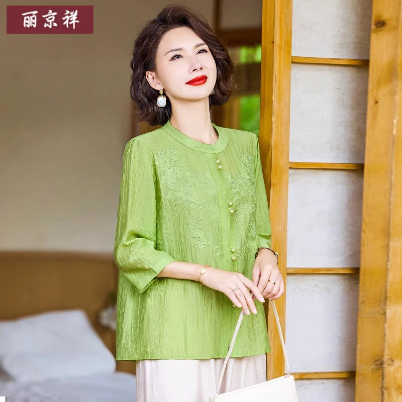 新中式妈妈夏装上衣2025新款中老年女衬衫洋气中年人夏季宽松套装