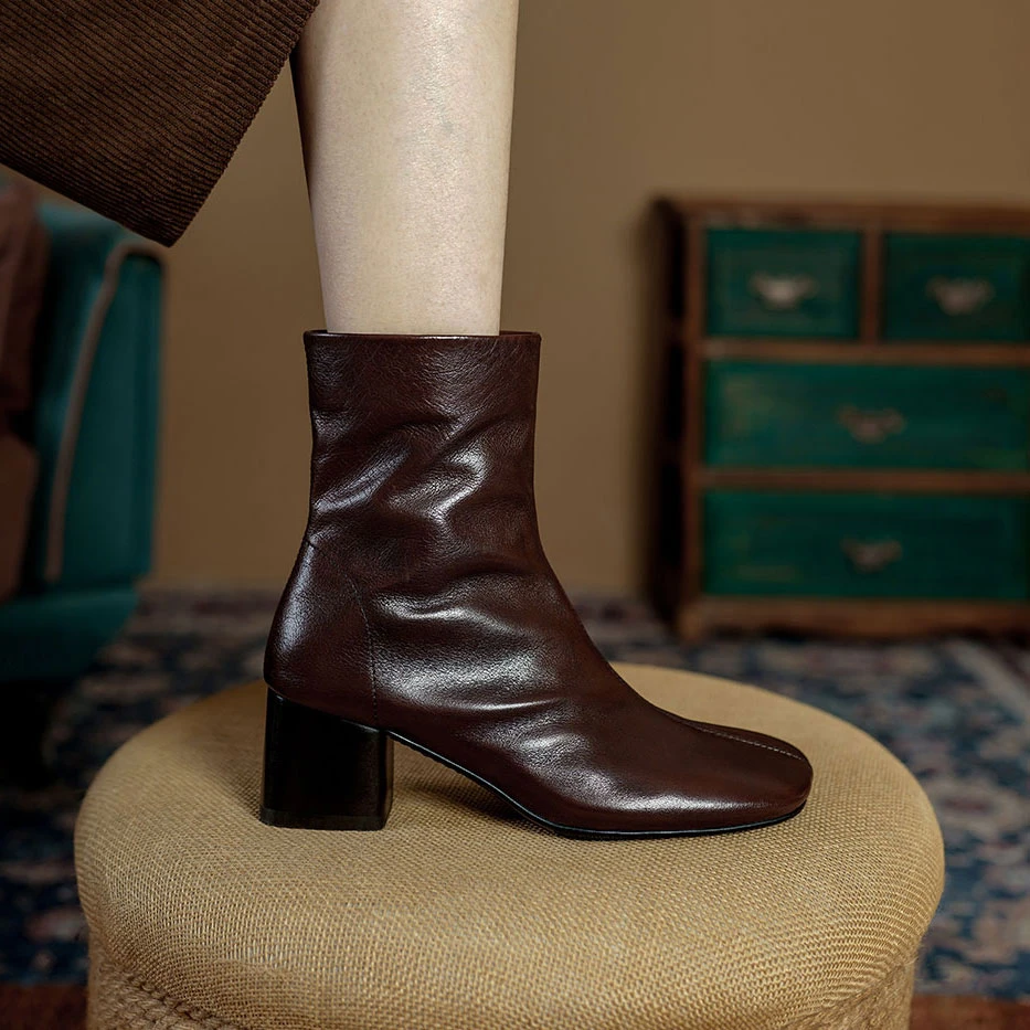 跟高5.5CM/水洗头层牛皮时装靴软面方头法式短靴复古冬季高跟靴子