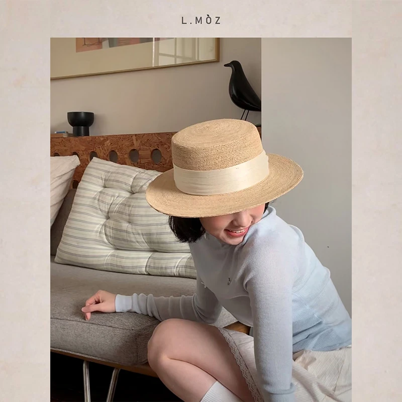 L.MOZ定制赫本风法式平顶草帽子女新款海边度假遮阳防晒帽大头围