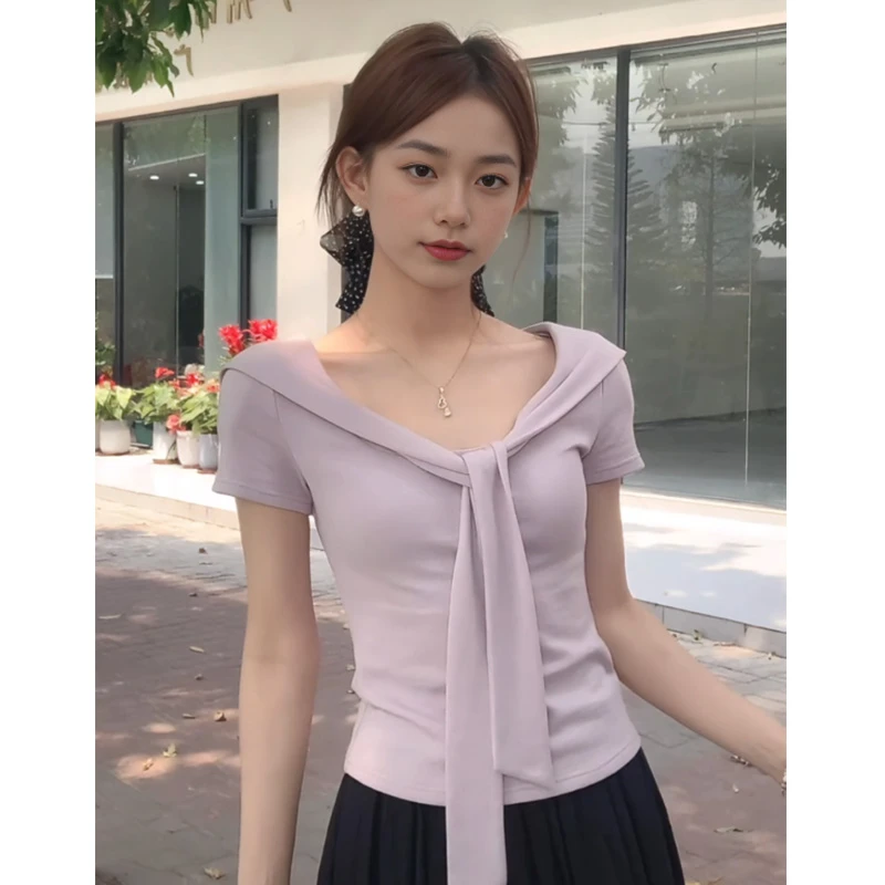 【8645】大码女装胖mm正肩v领收腰短袖T恤百搭修身显瘦短款上衣