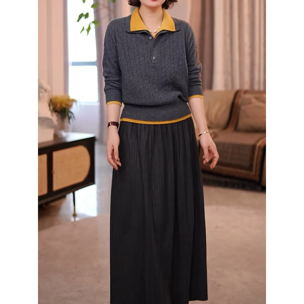 气质优雅显瘦裙套装2025冬季新款拼接设计感POLO领针织衫+半身裙