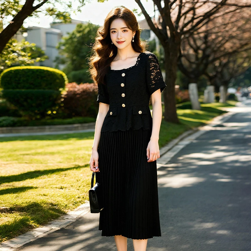 奢姿大码女装2025夏季蕾丝拼接百褶气质连衣裙胖妹妹时尚方领裙子