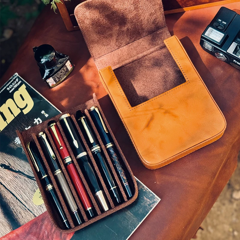 【165*120*30】新品真皮抽拉6支装笔包钢笔收纳套保护盒笔袋笔套