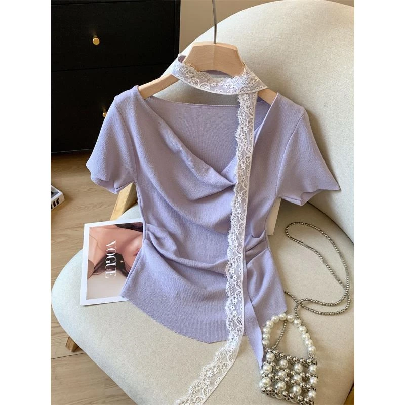 法式温柔风蕾丝飘带荡领挂脖针织上衣女夏季褶皱收腰显瘦短袖t恤