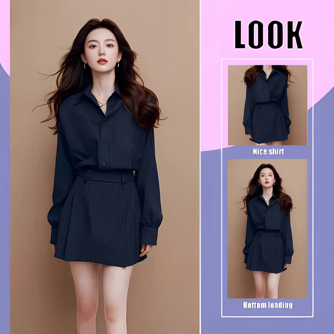 单件/2025超火新款韩版时尚气质名媛条纹衬衫半裙女装开春搭配装