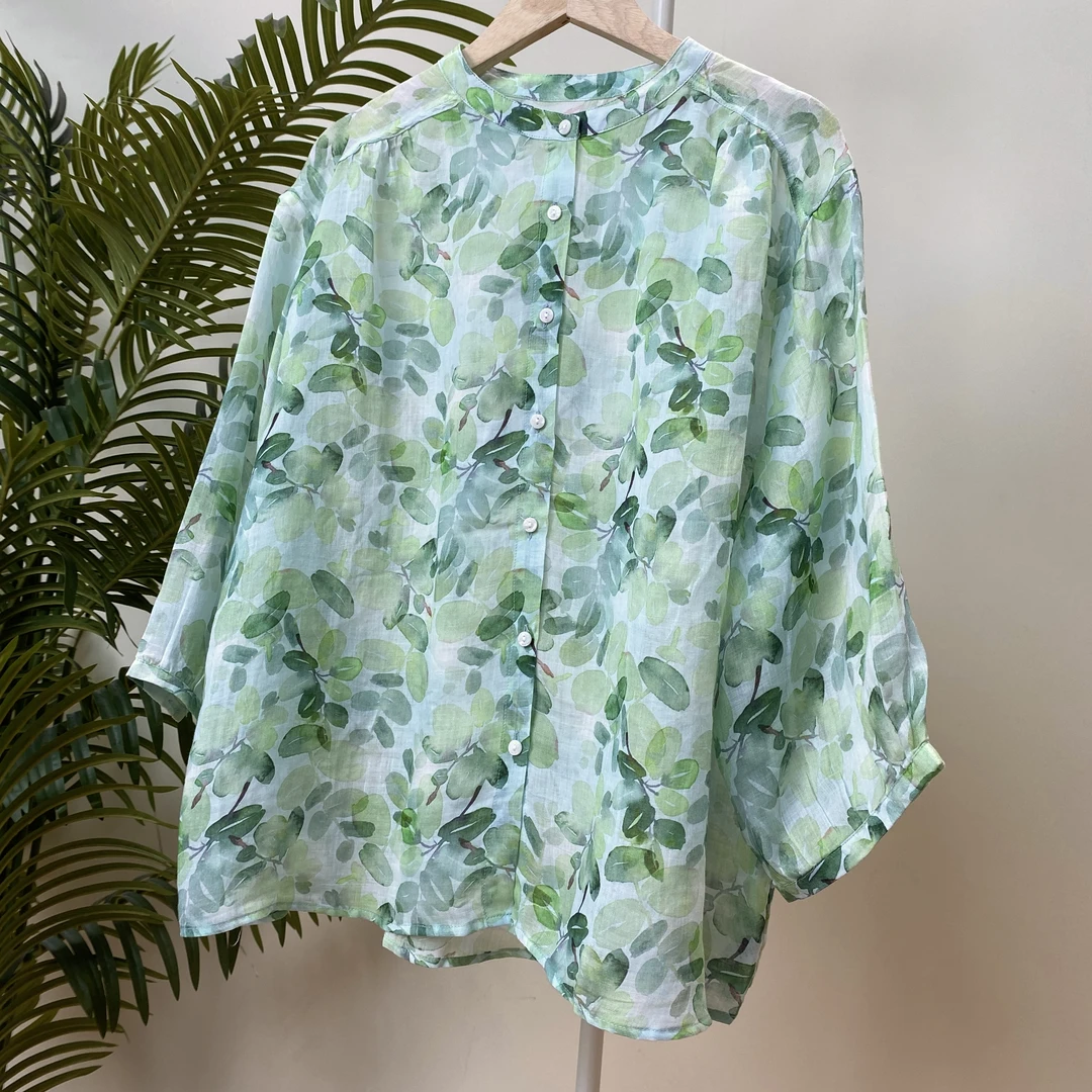【绿色系树叶印花苎麻衬衫】3046