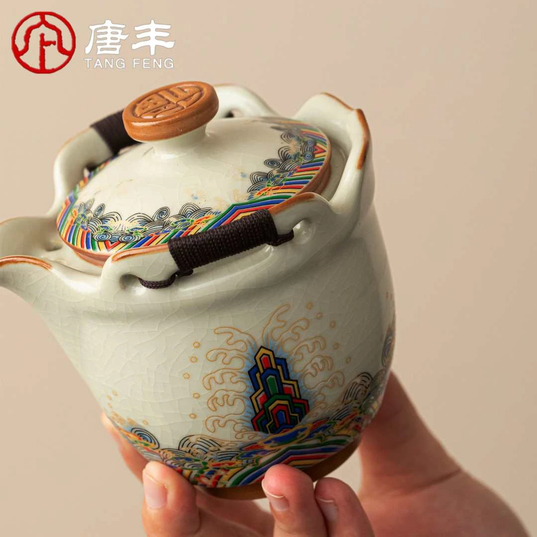 唐丰汝窑手抓壶二才盖碗茶杯单个防烫陶瓷泡茶壶海水江崖行运茶壶