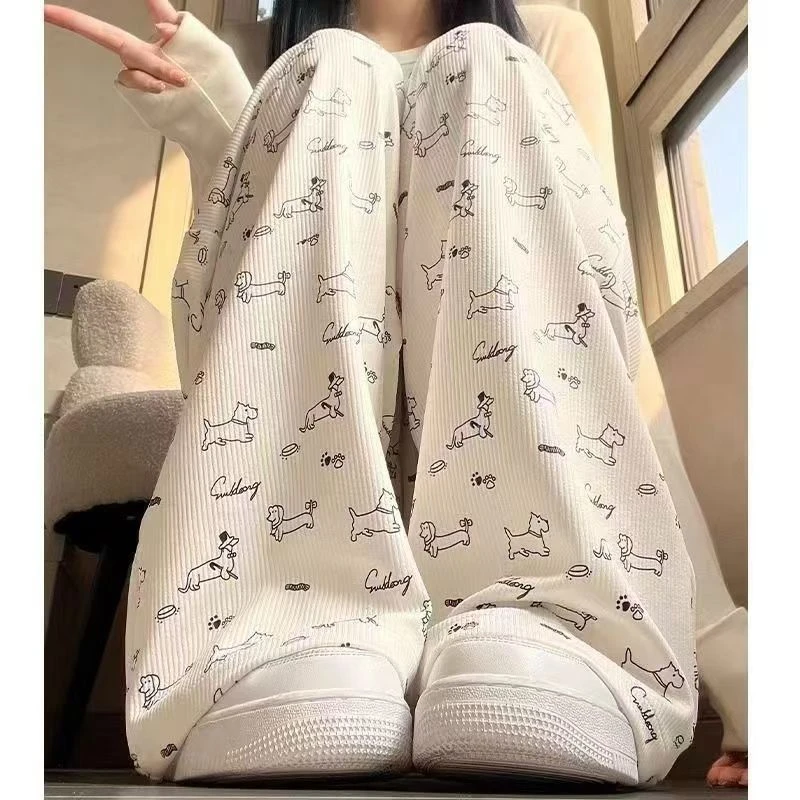 清凉夏季薄款冰丝碎花阔腿裤女可爱狗狗休闲裤宽松垂感直筒小个子