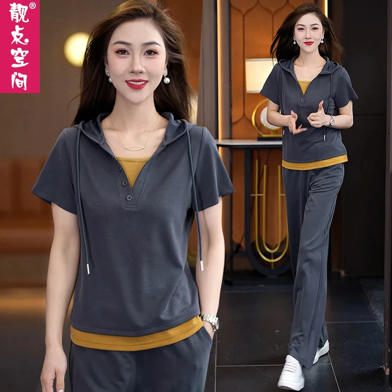 2025夏季时尚短袖长裤套装女运动休闲假两件拼接连帽跑步服两件套